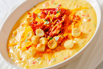 savory creamy pumpkin soup in bowl, top view