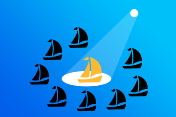 Success or leadership. Sails accompanying the leading or successful sail in the center. Highlight.