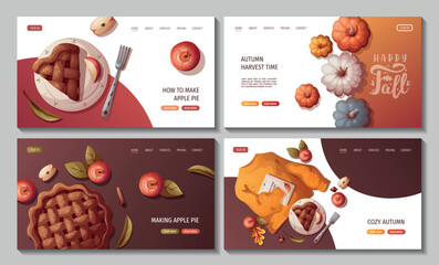 Set of web pages with Pumpkins, apple pie, autumn leaves, warm sweater. Autumn, harvest, thanksgiving day, fall concept. Vector illustration. Website banner template.