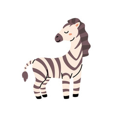 Small zebra in a cute black stripes. Scandinavian style. Vector childish illustration. For poster, greeting card and baby design.