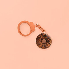 Chocolate donut as a part of handcuffs on isolated pastel coral-pink background. Abstract concept...