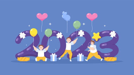 Obraz na płótnie Canvas children celebrate and enjoy new year's party. dance and have fun with friends or family. happy new year 2023. annual celebration. vector concept design. for posters, advertisements, landing pages