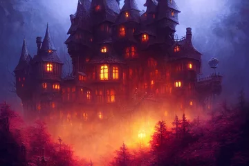 Poster Halloweeen kasteellandschap met volle maan in majestueuze nachtelijke hemel en zeer gedetailleerd landschap van de natuurlijke omgeving. © helen_f
