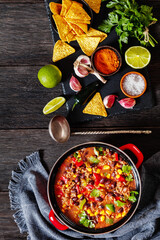 taco soup of ground beef, corn, beans and veggies