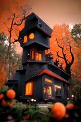 Black and orange house with Halloween theme, 3d render