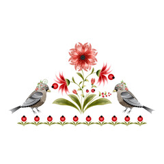 Two decorative sparrows with red flowers. Digital watercolor. Petryakovskaya painting