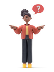 3D illustration of smiling african american woman Coco standing, choosing between two ways, pointing fingers at other side. Choice, doubt concept.3D rendering on white background.
 - obrazy, fototapety, plakaty