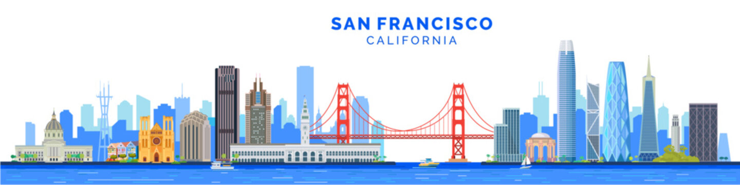 San Francisco city skyline colorful vector graphics flat trendy illustration, california