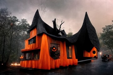 Obraz premium Black and orange house with Halloween theme, 3d render