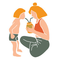 Mother and child drinking through straws together. Hand drawn vector illustration in abstract minimal style