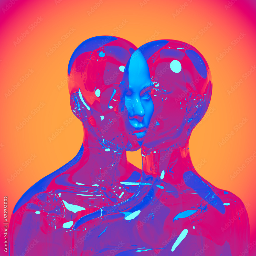 Poster abstract illustration from 3d rendering of 2 transparent glass figures intersecting each other faces