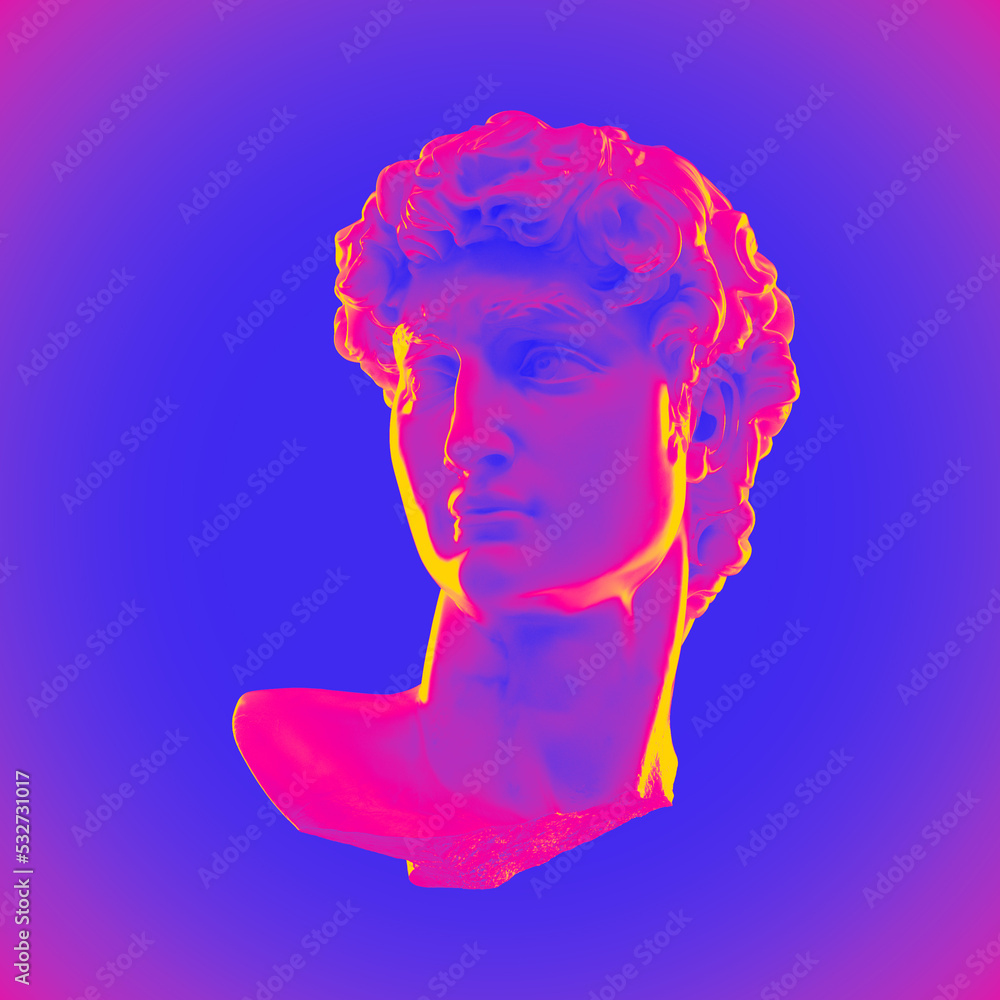 Poster digital illustration from 3d rendering of broken marble male classical head bust isolated on colorfu