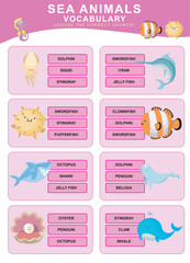 Fototapeta premium English vocabulary worksheet for toddlers. Introduction worksheet to sea animals for children. Educational worksheet game. Vector illustration file. 