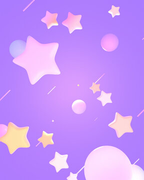 3d rendered soft pastel stars, spheres, and lines on a purple background.