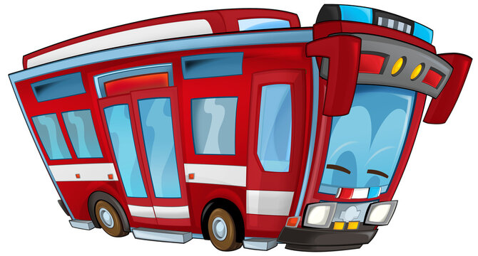 Cartoon funny bus firetruck isolated illustration for children