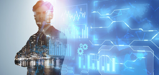 Silhouette of businessman on abstract blurry digital chart background