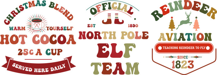 Official north pole team. Retro Christmas Card, greeting, design, T shirt print,  postcard wish, poster, banner isolated on white background. winter cozy themed colorful text vector illustration 