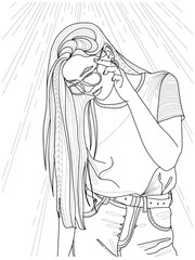 girl with long hair in sunglasses under the rays of the sun doodle style, fashionable princess coloring book, coloring page for kids and adults