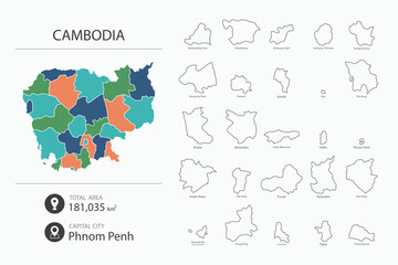 Fototapeta premium Map of Cambodia with detailed country map. Map elements of cities, total areas and capital.