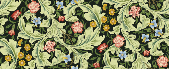 Floral seamless pattern with flowers and foliage on dark green background. Vector illustration. - 532732828