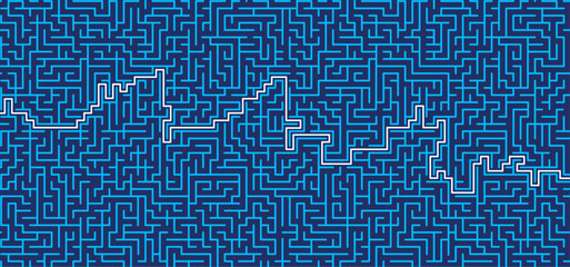 Education logic, labyrinth line. Blue square maze. Vector. Find the way, labyrinth riddle. Black, white geometric pattern. labyrinth design icon. Maze tangled lines. Thinking game banner