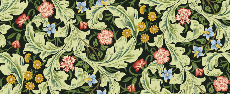 Floral seamless pattern with flowers and foliage on dark green background. Vector illustration.