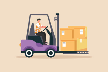 Man driver lifting package using forklift. Shipment and logistic concept. Colored flat vector illustration.