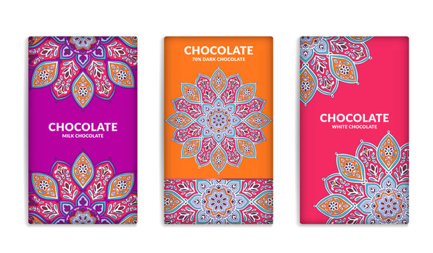 Colorful set of chocolate bar packaging design in abstract style. Vector luxury template with ornament elements. Can be used for background and wallpaper. Great for food and drink package types.