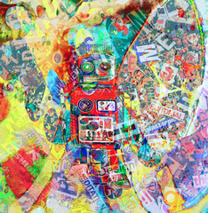 little red robot on a asid trip - obrazy, fototapety, plakaty