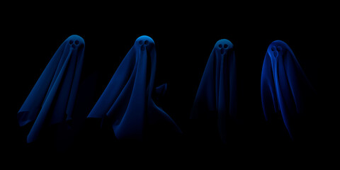 Halloween background. Set of ghosts isolated on black. 3D render illustration.