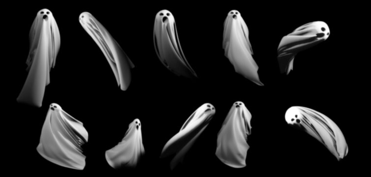 Halloween background. Set of ghosts isolated on black. 3D render illustration.