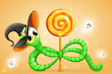 Cute cartoon Funny green worm in Witch hat holding lollipop with flying ghosts. Halloween concept 