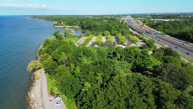 Aerial view Charles Daley Park in Lincoln, Canada. Lake and nature reserve