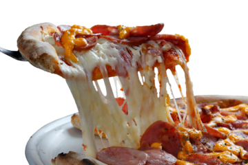 Slice of melting mozzarella pizza