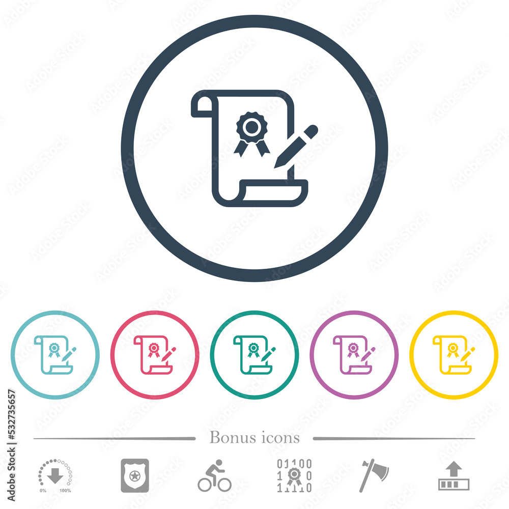 Poster signing certificate flat color icons in round outlines