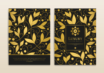 Gold and black luxury invitation card design with vector ornament pattern. Vintage template. Can be used for background and wallpaper. Elegant and classic vector elements great for decoration.