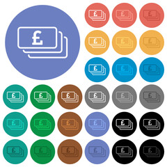 English Pound banknotes outline round flat multi colored icons