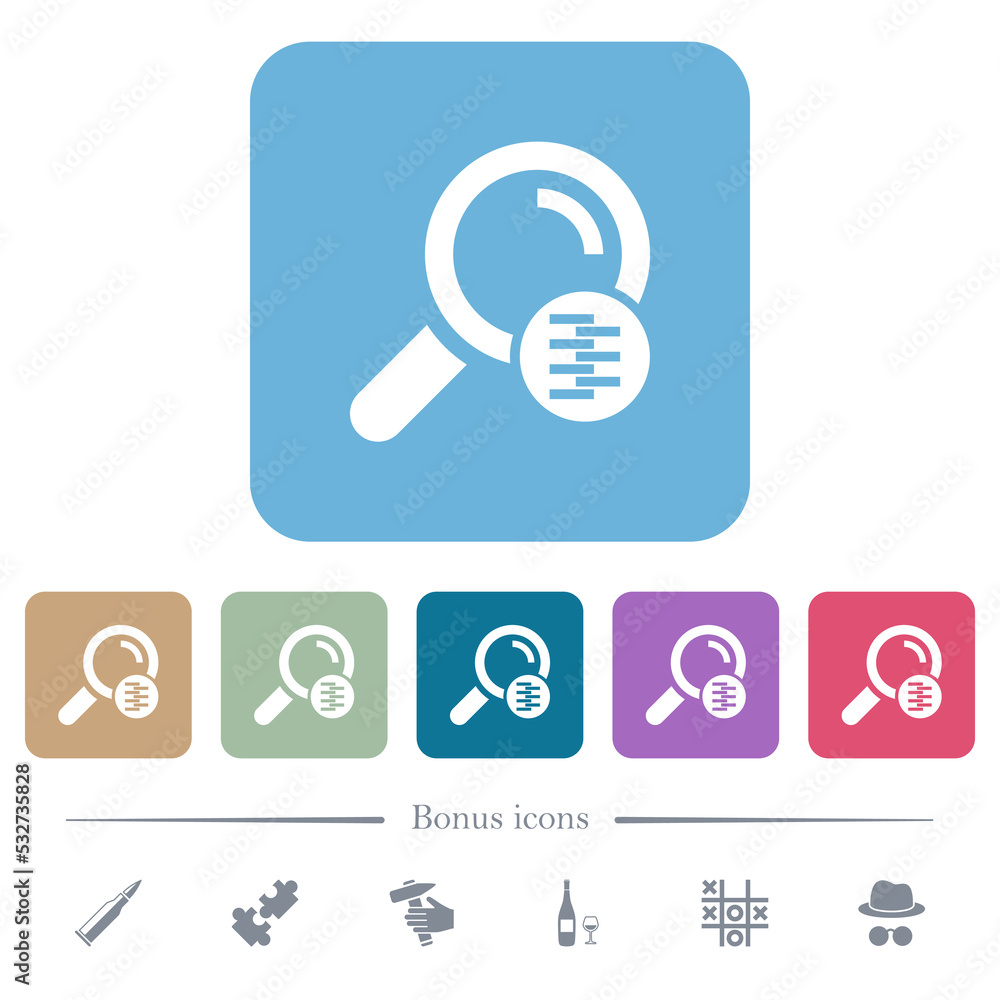 Poster search in compressed files flat icons on color rounded square backgrounds