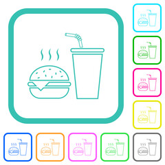 Fast food menu with cheeseburger and drink outline vivid colored flat icons