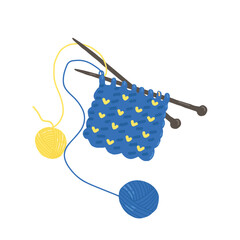 Knitting. Blue and yellow ball of yarn.