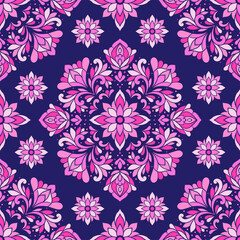 Purple seamless pattern with mandala ornament. Traditional Arabic, Indian motifs. Great for fabric and textile, wallpaper, packaging or any desired idea.
