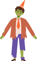 Fototapeta na wymiar Happy boy in scary zombie monster costume with green skin for Halloween party, trick or treats. Little kid dressed in carnival clothes. Festival outfit for kids. Flat vector illustration