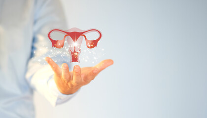 Doctor examines hologram of female uterus and examines test results. Ovarian disease, ectopic pregnancy, uncomfortable periods, surgery, and future medicine, healthcare services.