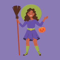 Happy little girl in witch costume, hat, broom, pumpkin and treats. Cute female character celebrate Halloween party. Flat cartoon vector illustration. Little kid dressed in carnival clothes.