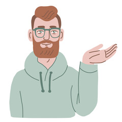 Obraz premium Male character holding up open palm. Showing, giving, receiving gesture. Hand drawn vector illustration