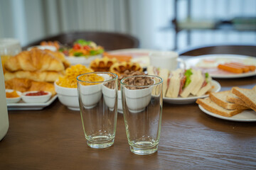 Breakfast Set,toast, bacon, sausages, salad and coffee,Home breakfast set concept.