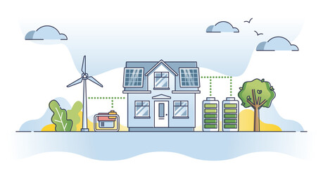 Fototapeta premium Off the grid lifestyle with independent power source supply outline concept. Building electricity from green and renewable solar panels or wind turbines vector illustration. Live alone self sufficient