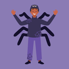 Happy african american boy in scary spider costume for Halloween party or trick or treat. Funny kid wearing festive spooky clothes. Flat vector illustration, clip art, banner