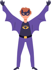 Happy boy in funny bat costume with mask and wings for Halloween party, trick or treats. Little kid dressed in carnival clothes. Festival outfit for kids. Flat vector illustration