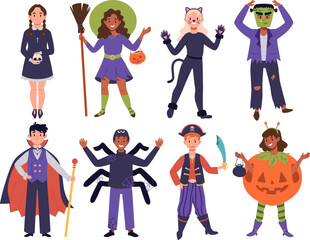 Set of kids in funny halloween costumes for party and trick or treat. Collection of children dressed in carnival or festival clothes. Happy girls and boys smiling. Flat vector illustration
